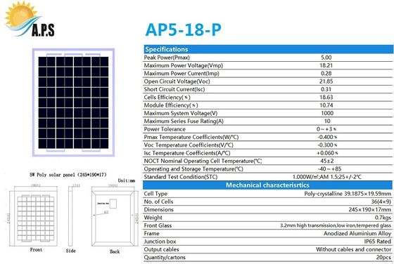High-Efficiency 36cells Poly Crystalline 5W,10W,15W Solar Panel Home System Solar Power System