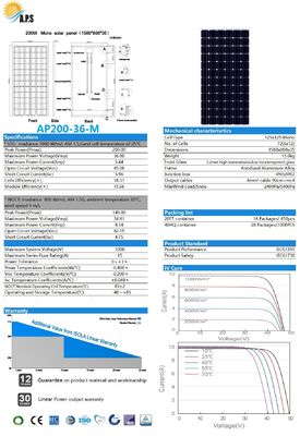 36V 72 Cell 125x125 Mono 190W,195W,200W,205W,210W,215W Monocrystalline Module Solar Photovoltaic Module